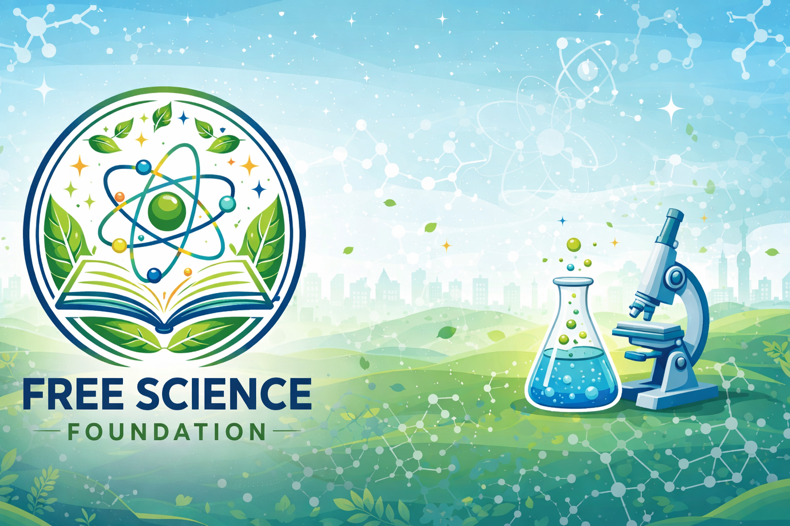 Free Science Foundation - Scientific tools, microscope, and flask illustration