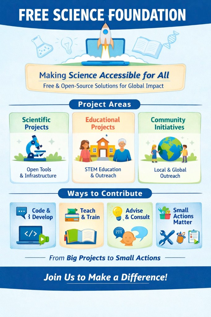 Free Science Network promotional flyer showing project areas and ways to contribute
